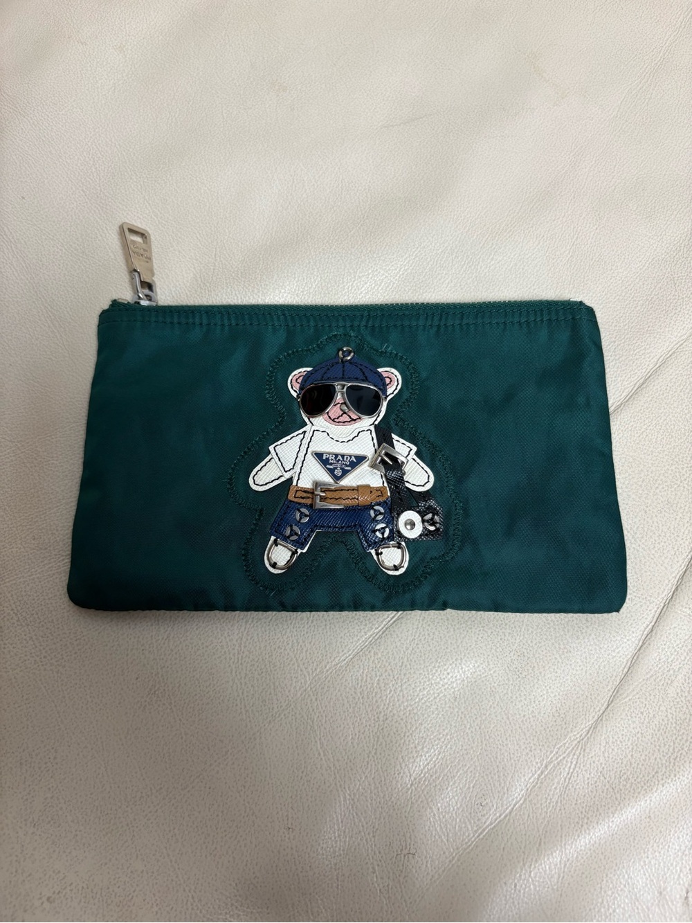 PRADA Green Bear Nylon Zipper Pouch 7 x 4 inches Tessuto